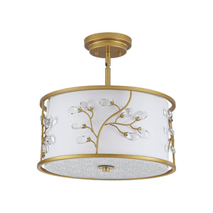 LightFixturesUSA-Bloom Crystal Buds White Fabric Drum Cage Semi Flush Mount-Ceiling Light-Brass-