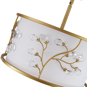 LightFixturesUSA-Bloom Crystal Buds White Fabric Drum Cage Semi Flush Mount-Ceiling Light-Brass-
