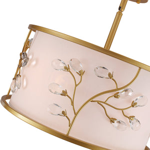 LightFixturesUSA-Bloom Crystal Buds White Fabric Drum Cage Semi Flush Mount-Ceiling Light-Brass-