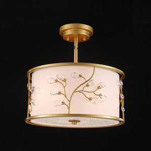 LightFixturesUSA-Bloom Crystal Buds White Fabric Drum Cage Semi Flush Mount-Ceiling Light-Brass-