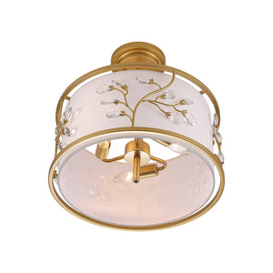 LightFixturesUSA-Bloom Crystal Buds White Fabric Drum Cage Semi Flush Mount-Ceiling Light-Brass-