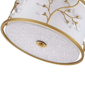LightFixturesUSA-Bloom Crystal Buds White Fabric Drum Cage Semi Flush Mount-Ceiling Light-Brass-