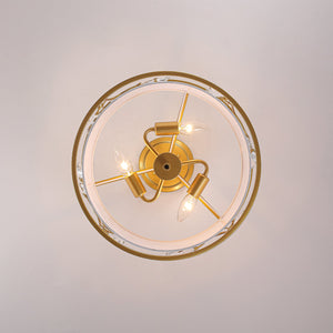 LightFixturesUSA-Bloom Crystal Buds White Fabric Drum Cage Semi Flush Mount-Ceiling Light-Brass-