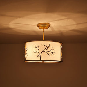 LightFixturesUSA-Bloom Crystal Buds White Fabric Drum Cage Semi Flush Mount-Ceiling Light-Brass-