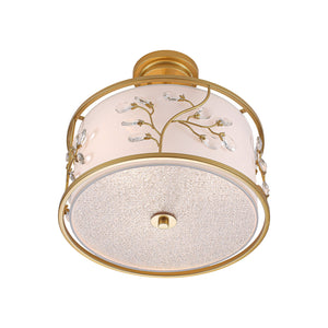 LightFixturesUSA-Bloom Crystal Buds White Fabric Drum Cage Semi Flush Mount-Ceiling Light-Brass-