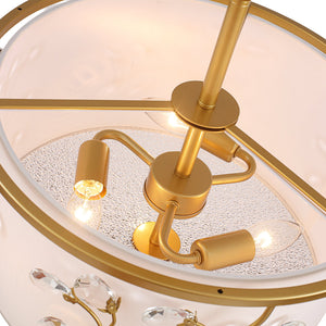 LightFixturesUSA-Bloom Crystal Buds White Fabric Drum Cage Semi Flush Mount-Ceiling Light-Brass-