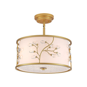 LightFixturesUSA-Bloom Crystal Buds White Fabric Drum Cage Semi Flush Mount-Ceiling Light-Brass-