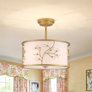 LightFixturesUSA-Bloom Crystal Buds White Fabric Drum Cage Semi Flush Mount-Ceiling Light-Brass-