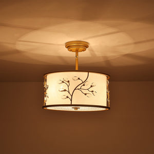 LightFixturesUSA-Bloom Crystal Buds White Fabric Drum Cage Semi Flush Mount-Ceiling Light-Brass-