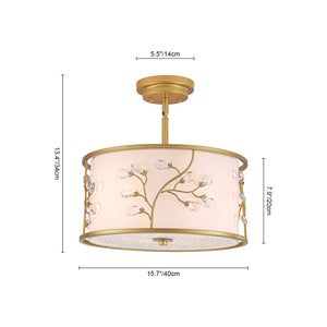 LightFixturesUSA-Bloom Crystal Buds White Fabric Drum Cage Semi Flush Mount-Ceiling Light-Brass-