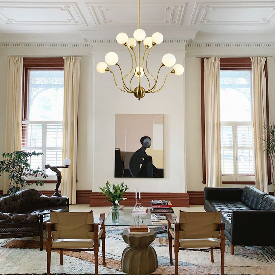 LightFixturesUSA - Bloom Frosted Glass Globe Bubble Brass Sputnik Chandelier - Chandelier - 10 - Lt - 