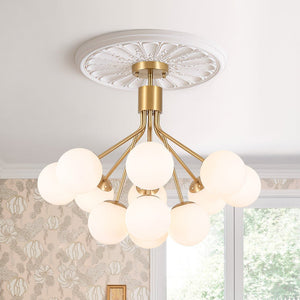 LightFixturesUSA - Bloom Opal Glass Bubble Tiered Sputnik Semi Flush Chandelier - Ceiling Light - Brass - 