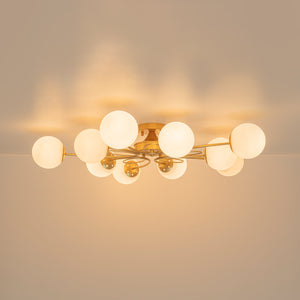 LightFixturesUSA-Bloom Opal Glass Globe Bubble Semi Flush Chandelier-Ceiling Light-Brass-