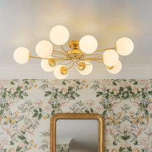 LightFixturesUSA-Bloom Opal Glass Globe Bubble Semi Flush Chandelier-Ceiling Light-Brass-