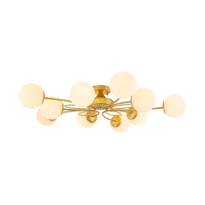 LightFixturesUSA-Bloom Opal Glass Globe Bubble Semi Flush Chandelier-Ceiling Light-Brass-