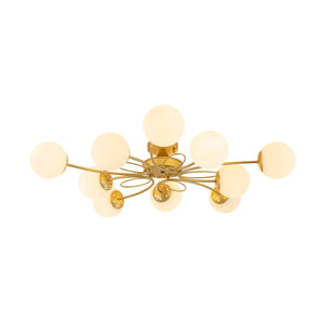 LightFixturesUSA-Bloom Opal Glass Globe Bubble Semi Flush Chandelier-Ceiling Light-Brass-