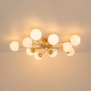 LightFixturesUSA-Bloom Opal Glass Globe Bubble Semi Flush Chandelier-Ceiling Light-Brass-