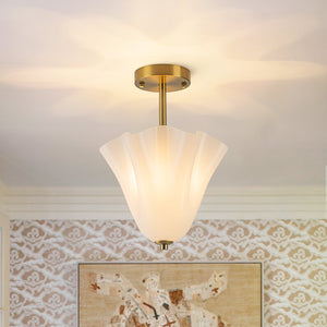 LightFixturesUSA-Bloom Pleated Shine Opal Glass Calla Flower Semi Flush Mount-Ceiling Light-10.6 in-