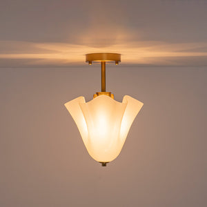 LightFixturesUSA-Bloom Pleated Shine Opal Glass Calla Flower Semi Flush Mount-Ceiling Light-10.6 in-