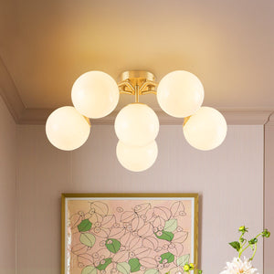 LightFixturesUSA-Bloom Shine Polished Opal Glass Bubble Semi Flush Mount-Ceiling Light-Brass-