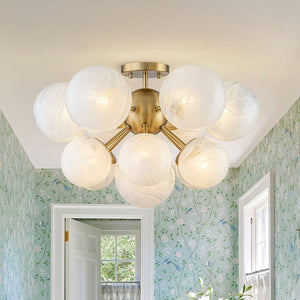 LightFixturesUSA - Bloom Tiered Opal Swirl Glass Bubble Semi Flush Chandelier - Chandelier - Brass (Pre - Order & 2 - 4 Weeks) - 
