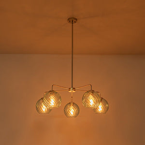 LightFixturesUSA - Blue Ribbed Glass Globe 5 - light Round Sputnik Chandelier - Chandelier - Blue Bubble - 