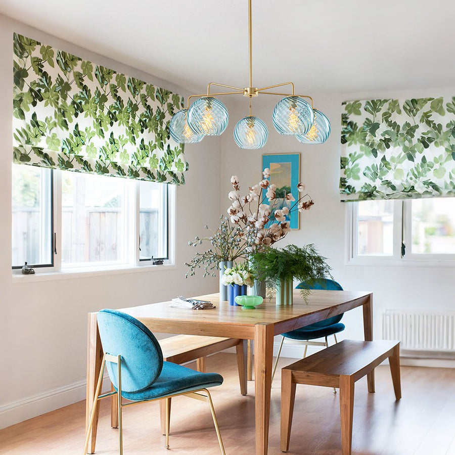 LightFixturesUSA - Blue Ribbed Glass Globe 5 - light Round Sputnik Chandelier - Chandelier - Blue Bubble - 