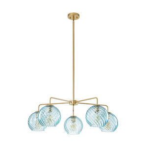 LightFixturesUSA - Blue Ribbed Glass Globe 5 - light Round Sputnik Chandelier - Chandelier - Blue Bubble - 