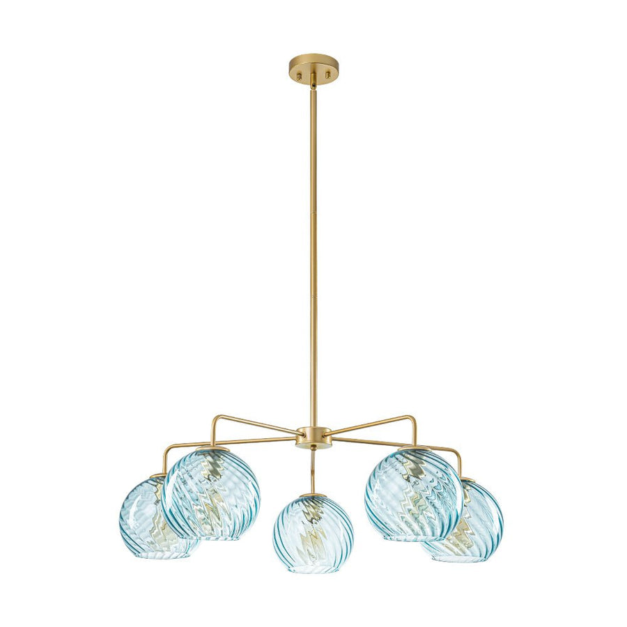 LightFixturesUSA - Blue Ribbed Glass Globe 5 - light Round Sputnik Chandelier - Chandelier - Blue Bubble - 