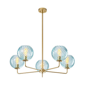 LightFixturesUSA - Blue Ribbed Glass Globe 5 - light Round Sputnik Chandelier - Chandelier - Blue Bubble - 