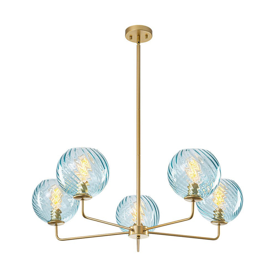 LightFixturesUSA - Blue Ribbed Glass Globe 5 - light Round Sputnik Chandelier - Chandelier - Blue Bubble - 
