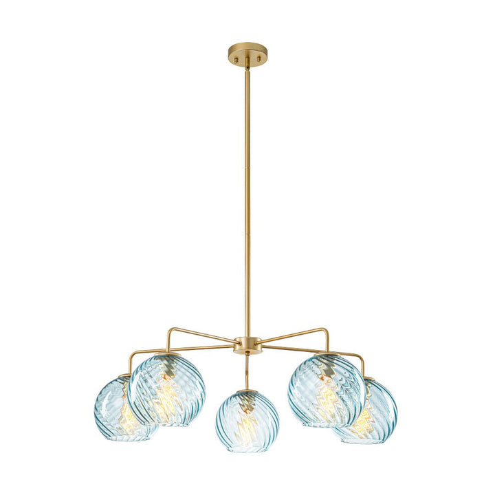 LightFixturesUSA - Blue Ribbed Glass Globe 5 - light Round Sputnik Chandelier - Chandelier - Blue Bubble - 