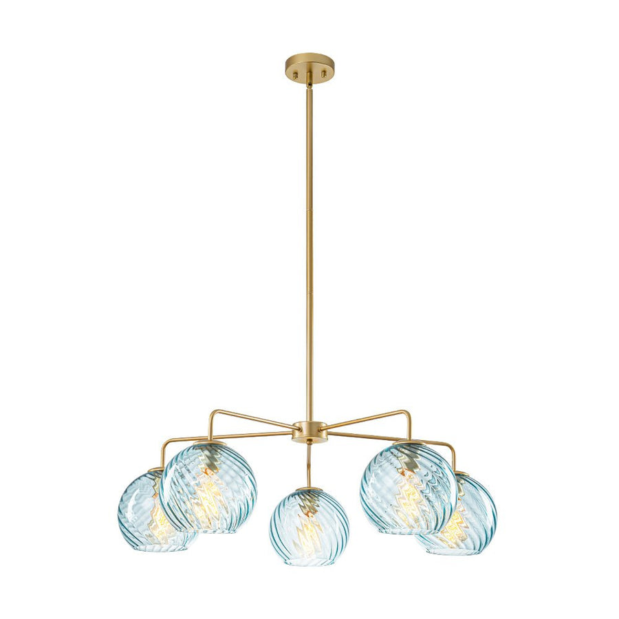 LightFixturesUSA - Blue Ribbed Glass Globe 5 - light Round Sputnik Chandelier - Chandelier - Blue Bubble - 