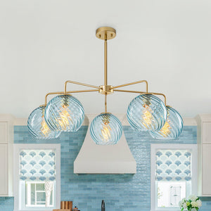 LightFixturesUSA - Blue Ribbed Glass Globe 5 - light Round Sputnik Chandelier - Chandelier - Blue Bubble - 