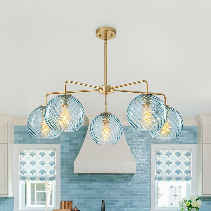 LightFixturesUSA - Blue Ribbed Glass Globe 5 - light Round Sputnik Chandelier - Chandelier - Blue Bubble - 