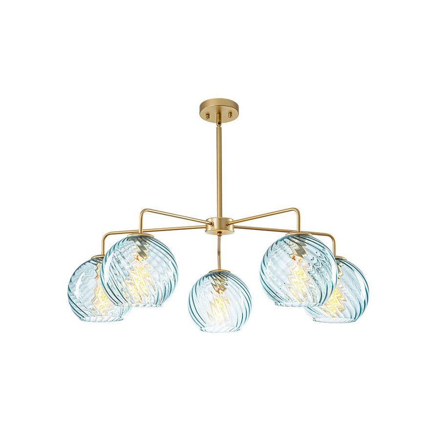 LightFixturesUSA - Blue Ribbed Glass Globe 5 - light Round Sputnik Chandelier - Chandelier - Blue Bubble - 