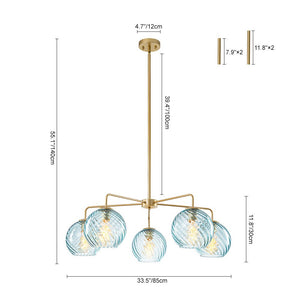 LightFixturesUSA - Blue Ribbed Glass Globe 5 - light Round Sputnik Chandelier - Chandelier - Blue Bubble - 