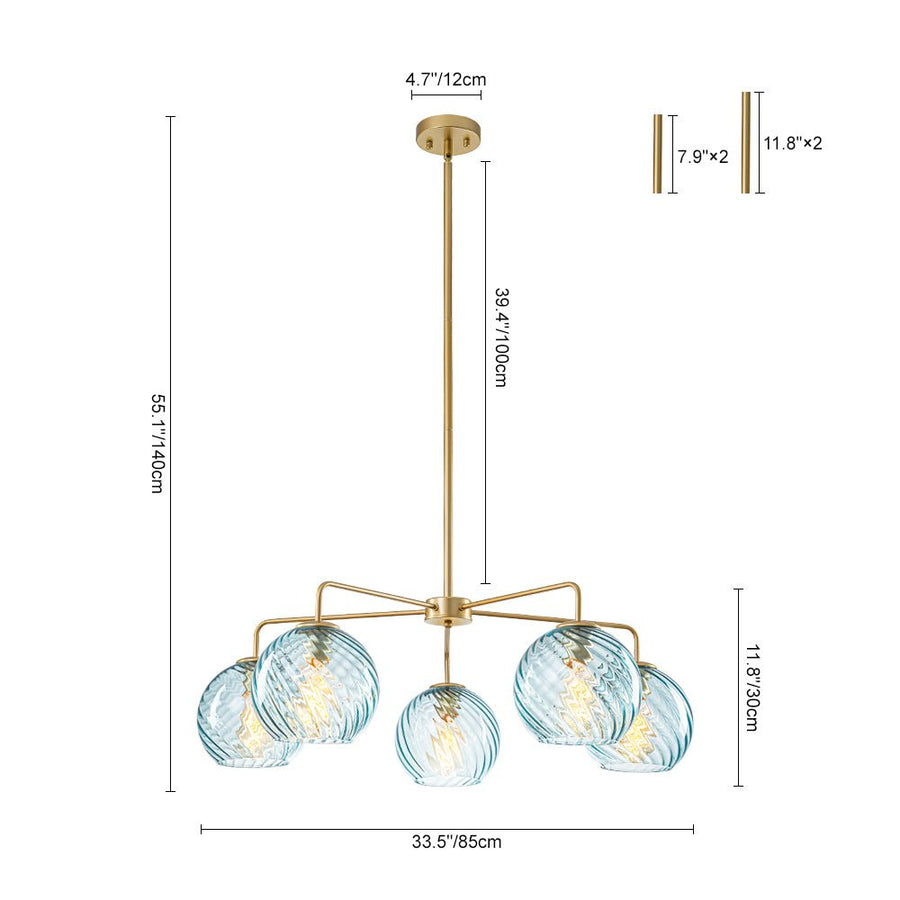 LightFixturesUSA - Blue Ribbed Glass Globe 5 - light Round Sputnik Chandelier - Chandelier - Blue Bubble - 