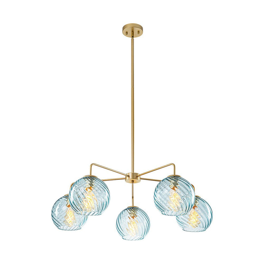 LightFixturesUSA - Blue Ribbed Glass Globe 5 - light Round Sputnik Chandelier - Chandelier - Blue Bubble - 