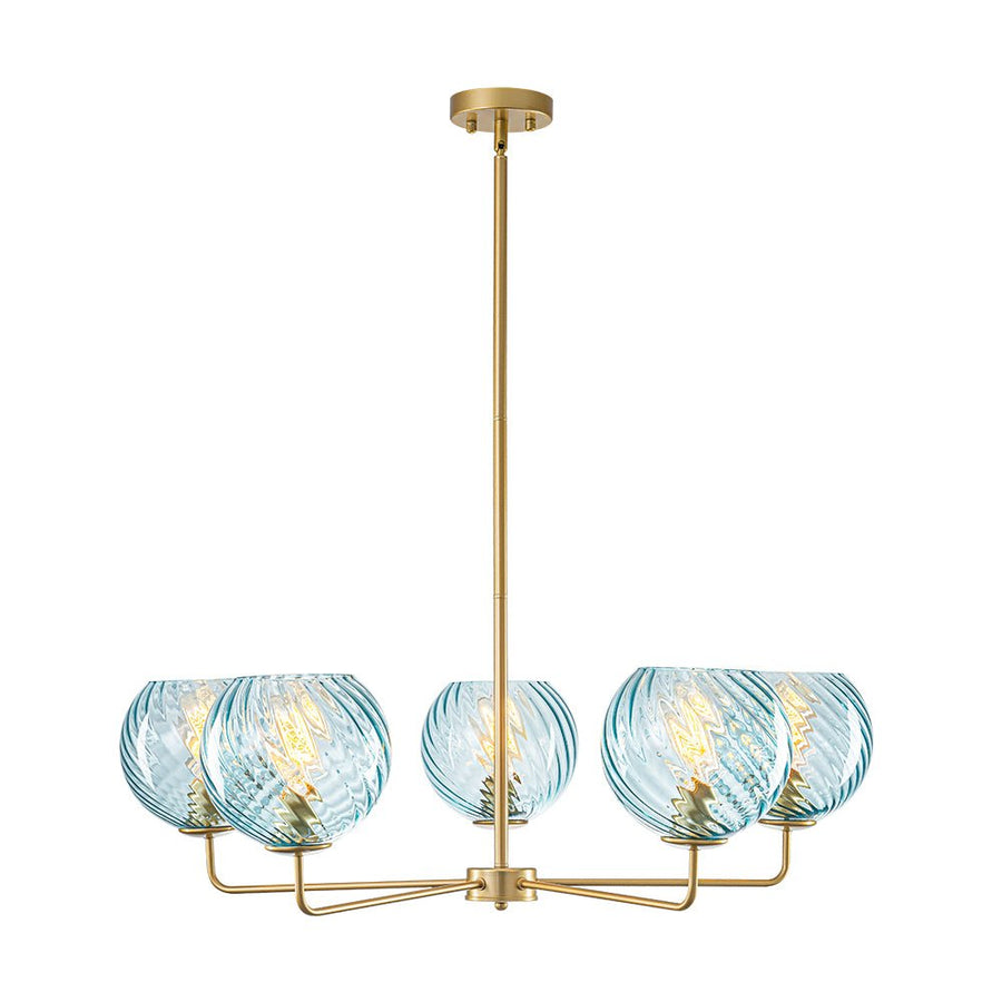 LightFixturesUSA - Blue Ribbed Glass Globe 5 - light Round Sputnik Chandelier - Chandelier - Blue Bubble - 