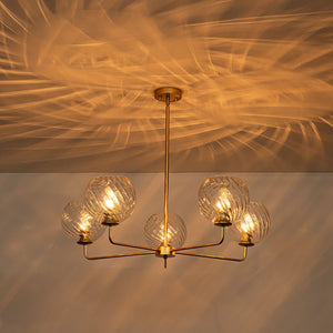 LightFixturesUSA - Blue Ribbed Glass Globe 5 - light Round Sputnik Chandelier - Chandelier - Clear Bubble - 