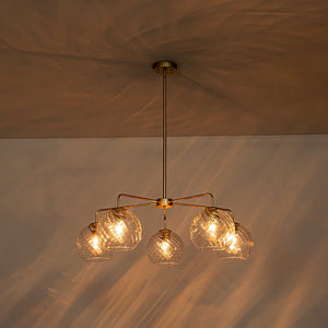 LightFixturesUSA - Blue Ribbed Glass Globe 5 - light Round Sputnik Chandelier - Chandelier - Clear Bubble - 