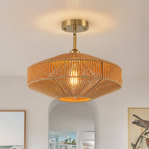 LightFixturesUSA - Bohemian Brown Woven Hemp Rope Cage Ceiling Light - Ceiling Light - Brown Rope - 