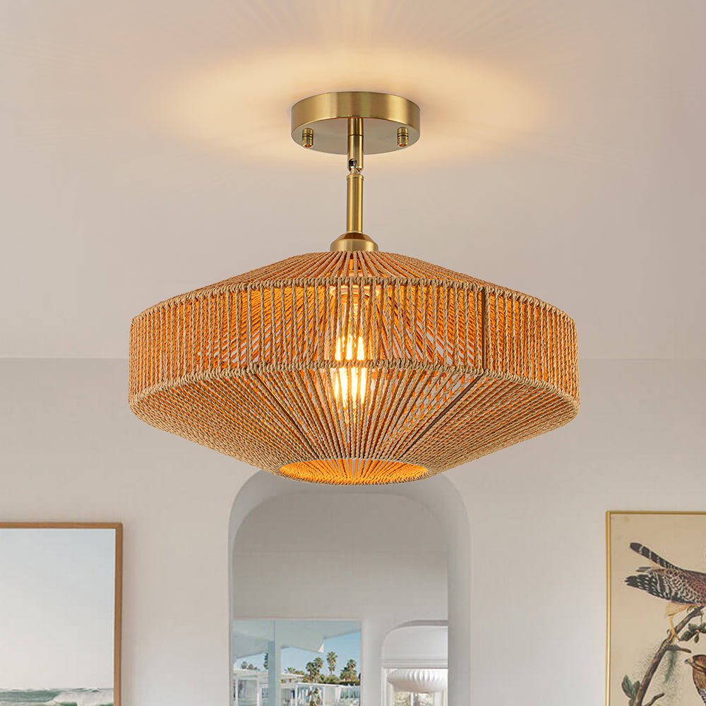 Ceiling Drop Rope Light Bohemian Brown Woven Hemp Rope Cage Ceiling Light | LightFixturesUSA