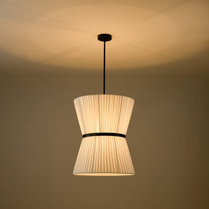 LightFixturesUSA - Boho 2 - Tier White Fabric Tapered Drum Pendant Light - Chandelier - Black Finish + White Shade - 