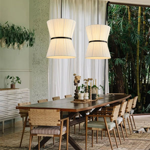 LightFixturesUSA - Boho 2 - Tier White Fabric Tapered Drum Pendant Light - Chandelier - Black Finish + White Shade - 