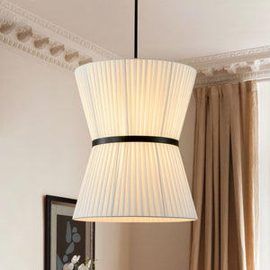 LightFixturesUSA - Boho 2 - Tier White Fabric Tapered Drum Pendant Light - Chandelier - Black Finish + White Shade - 