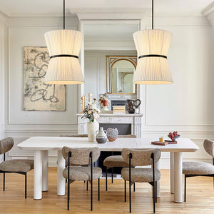 LightFixturesUSA - Boho 2 - Tier White Fabric Tapered Drum Pendant Light - Chandelier - Black Finish + White Shade - 