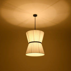 LightFixturesUSA - Boho 2 - Tier White Fabric Tapered Drum Pendant Light - Chandelier - Black Finish + White Shade - 