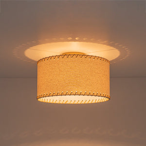 LightFixturesUSA-Boho Beige Linen Fabric Round Drum Cage Semi Flush Mount-Ceiling Light-13.8 in-